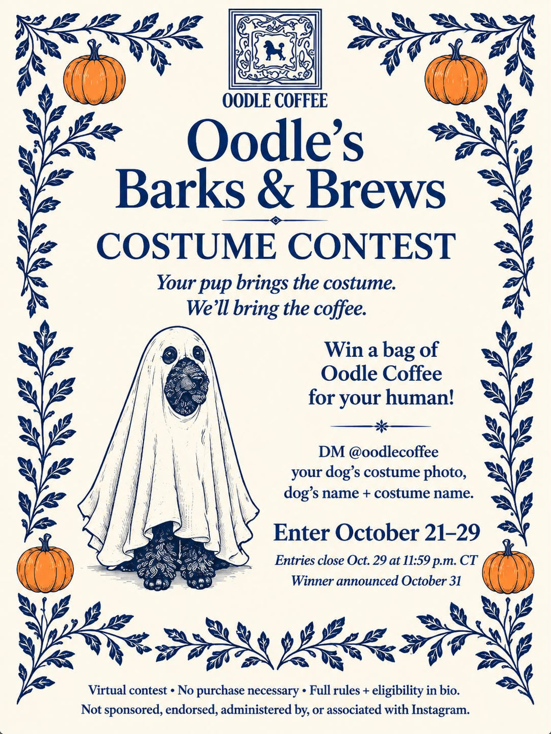 Oodle's Barks & Brews Costume Contest flyer: ghost-costumed dog, enter Oct 21-29, winner announced Oct 31