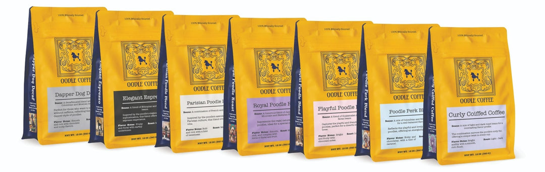 A row of Oodle Coffee bags in signature gold packaging