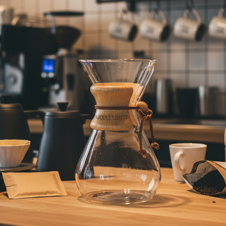 Clear glass coffee pour over on a wooden counter with coffee equipment in the background