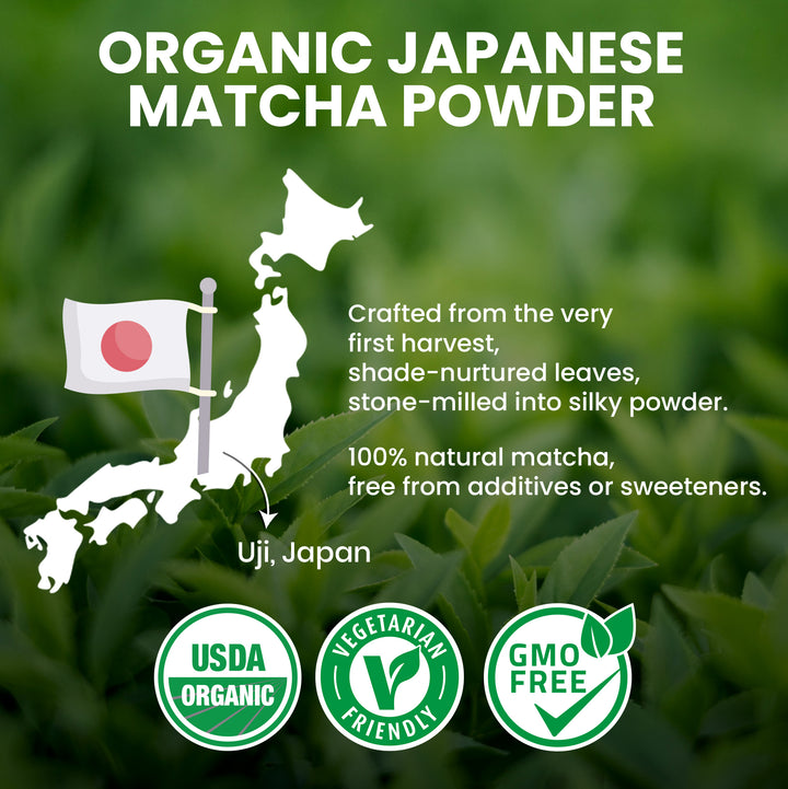 Advertisement for organic Japanese matcha powder with a map of Japan and green tea leaves.