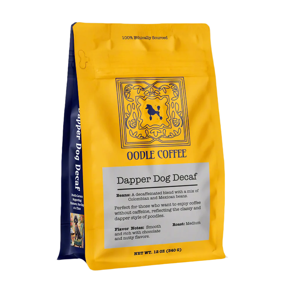 Dapper Dog Decaf from of coffee bag.
