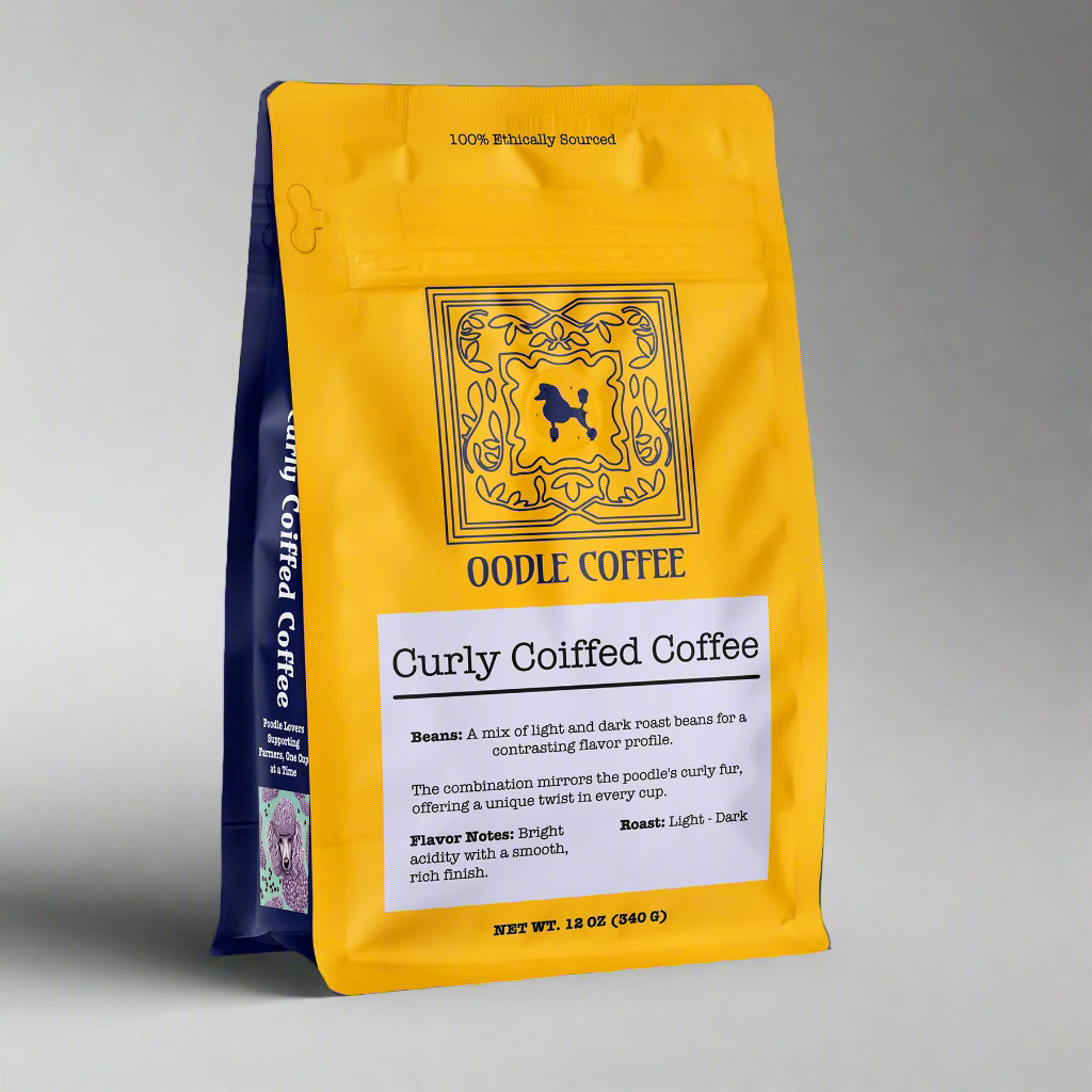 Yellow coffee bag with Oodle Coffee branding on a gray background