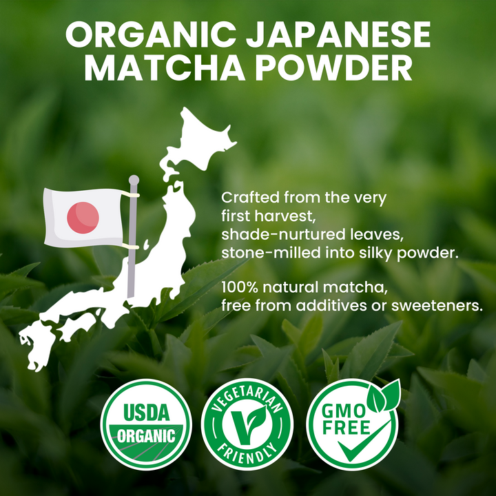 Advertisement for Oodle Coffee Organic Japanese Matcha Powder with green tea leaves and a map of Japan.