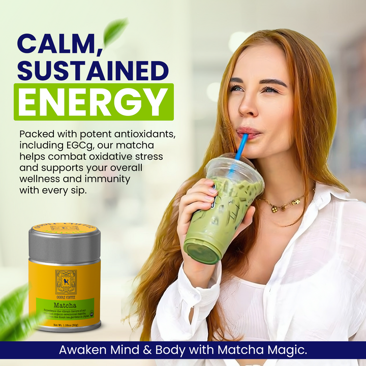 Oodle Coffee Matcha calmed sustained energy, woman drinking the matcha