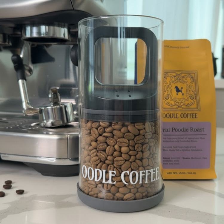 Container of coffee beans with 'Oodle Coffee' branding next to a coffee machine and a yellow coffee bag.