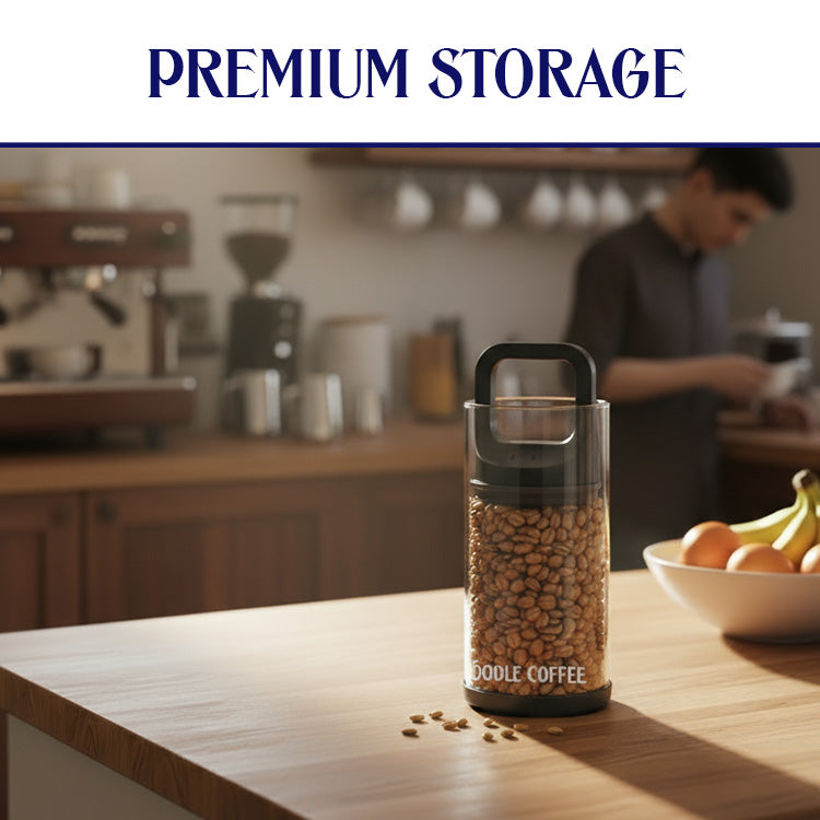 Glass container with coffee beans on a kitchen counter, with 'PREMIUM STORAGE' text at the top.