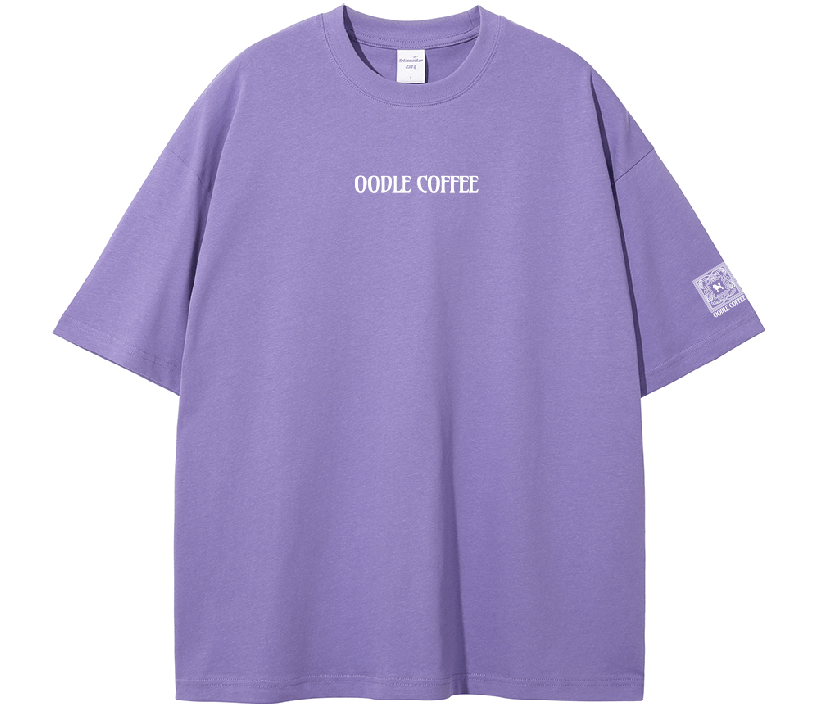 Purple t-shirt with 'Oodie Coffee' text on a white background