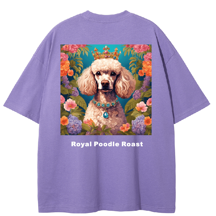 Purple t-shirt with a graphic of a poodle wearing a crown and flowers, labeled 'Royal Poodle Roast'.